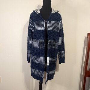Cozy Long Navy and White Hooded Cardigan